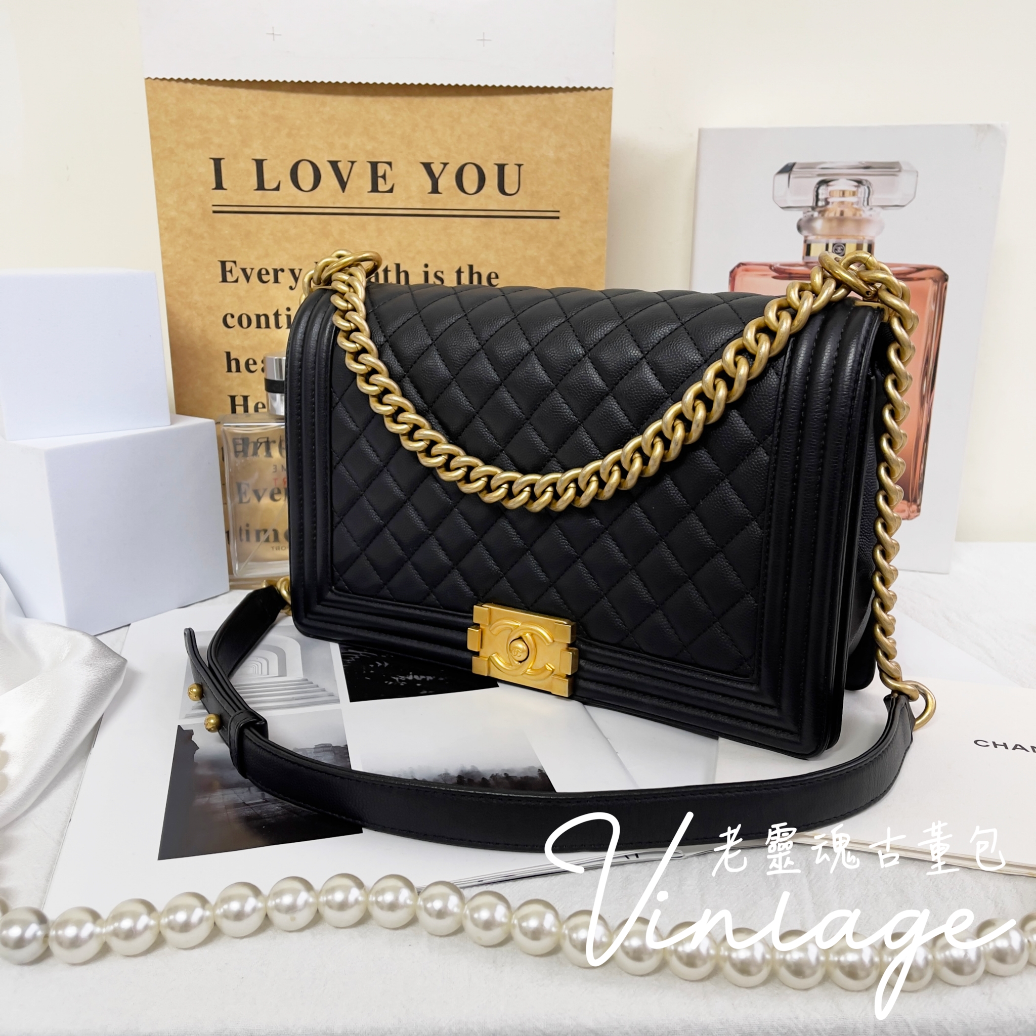 CHANEL 黑金菱格boy包28